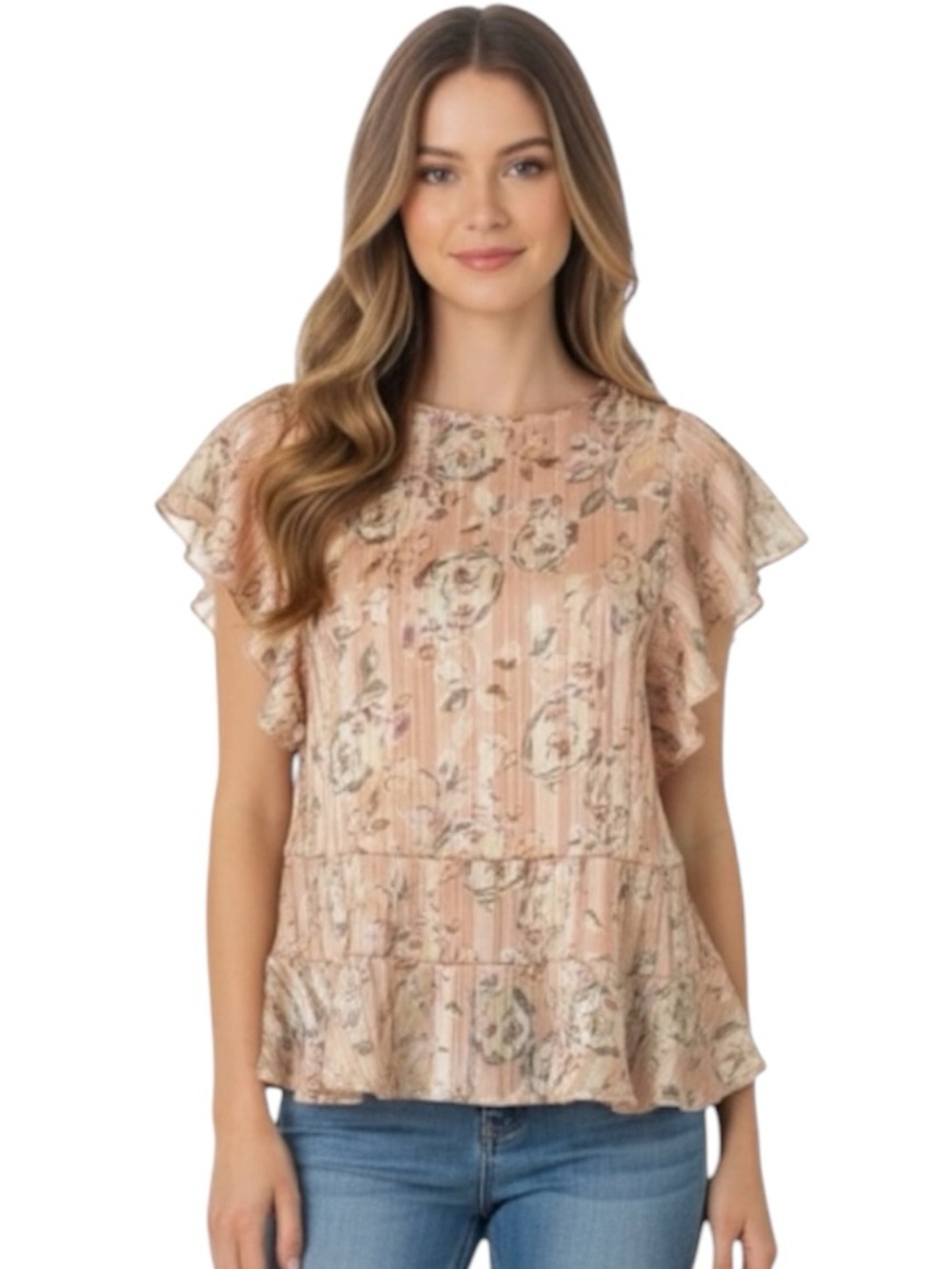 Maette Floral Flutter Sleeve Peplum Blouse Blush floral w/ stripes, metallic